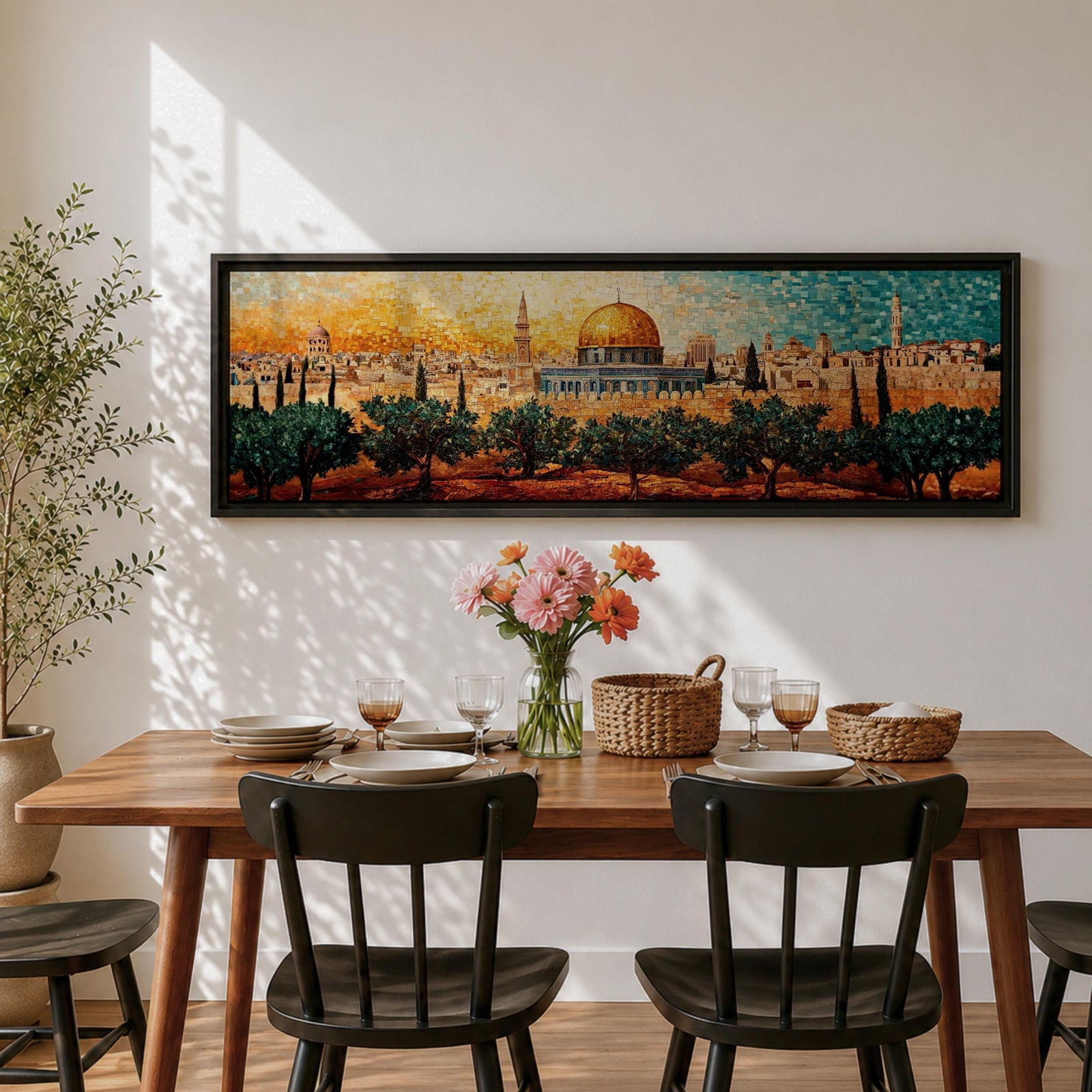 A panoramic mosaic style artwork of the Dome of the Rock with its golden dome rising above the Jerusalem skyline, constructed from small colorful tile-like shapes that form historic buildings, minarets, and olive trees in the foreground while warm golden and blue tones blend across the sky.