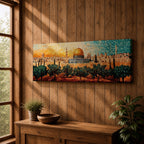 A panoramic mosaic style artwork of the Dome of the Rock with its golden dome rising above the Jerusalem skyline, constructed from small colorful tile-like shapes that form historic buildings, minarets, and olive trees in the foreground while warm golden and blue tones blend across the sky.