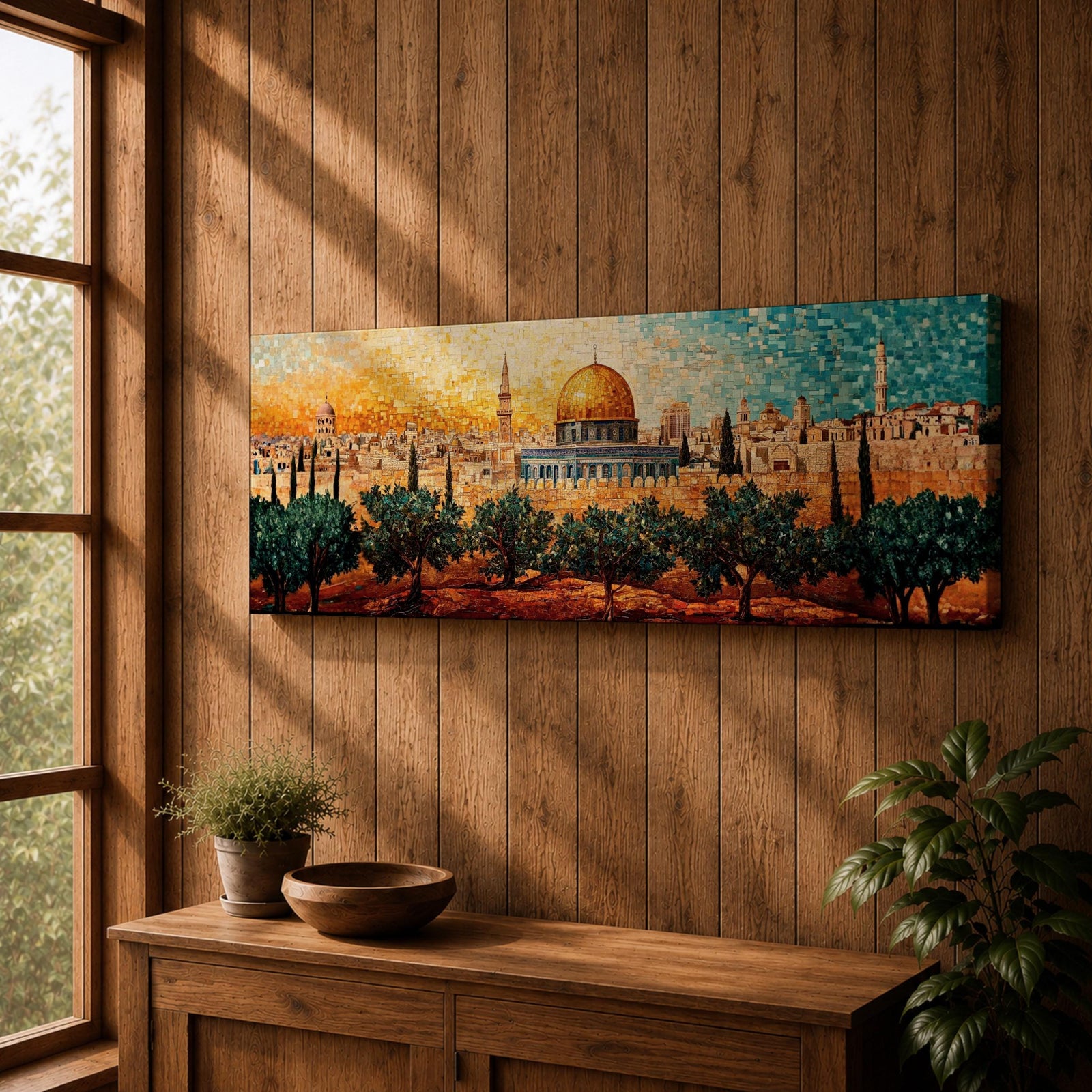A panoramic mosaic style artwork of the Dome of the Rock with its golden dome rising above the Jerusalem skyline, constructed from small colorful tile-like shapes that form historic buildings, minarets, and olive trees in the foreground while warm golden and blue tones blend across the sky.