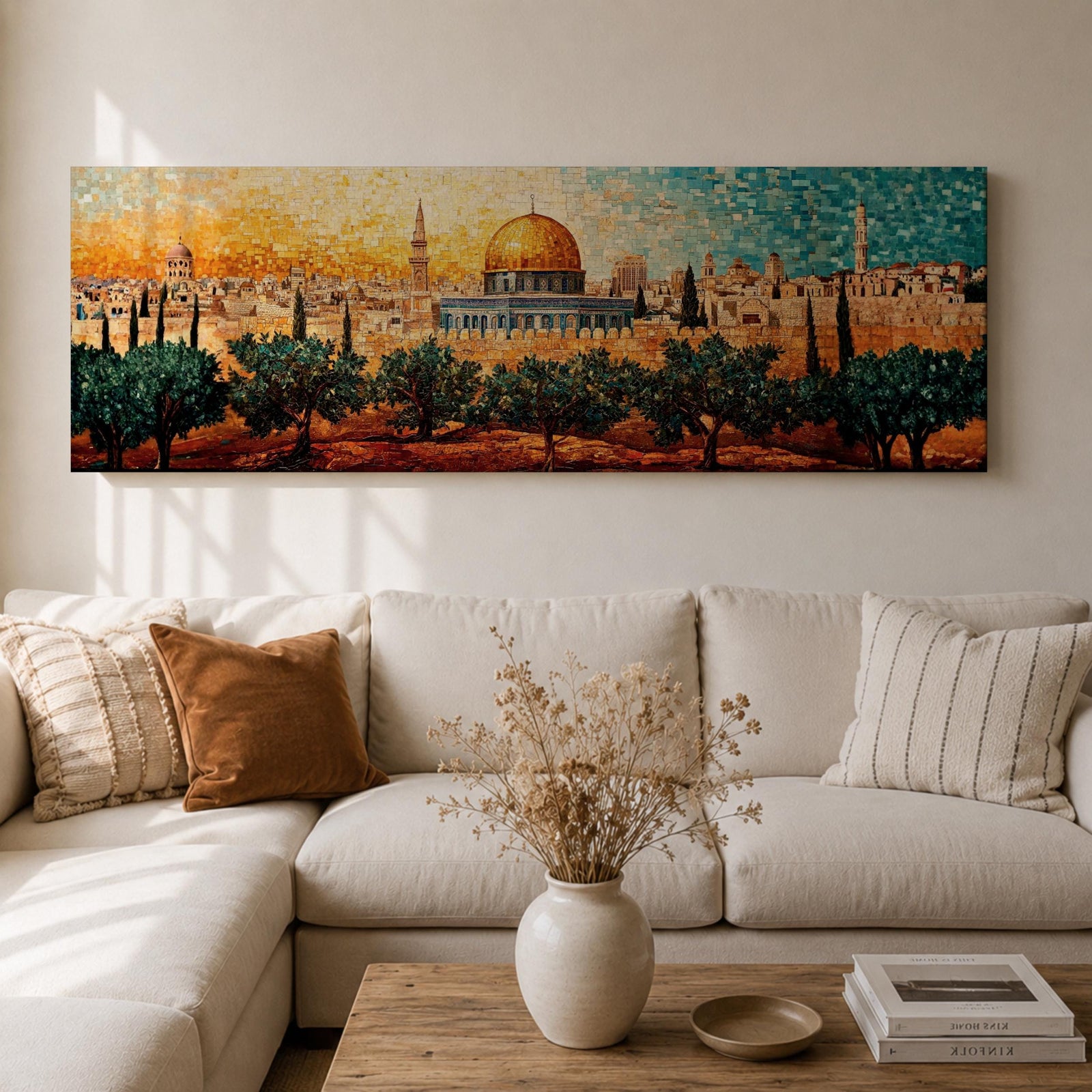 A panoramic mosaic style artwork of the Dome of the Rock with its golden dome rising above the Jerusalem skyline, constructed from small colorful tile-like shapes that form historic buildings, minarets, and olive trees in the foreground while warm golden and blue tones blend across the sky.