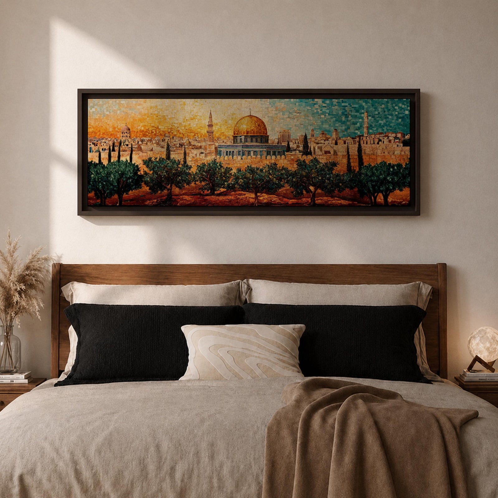 A panoramic mosaic style artwork of the Dome of the Rock with its golden dome rising above the Jerusalem skyline, constructed from small colorful tile-like shapes that form historic buildings, minarets, and olive trees in the foreground while warm golden and blue tones blend across the sky.