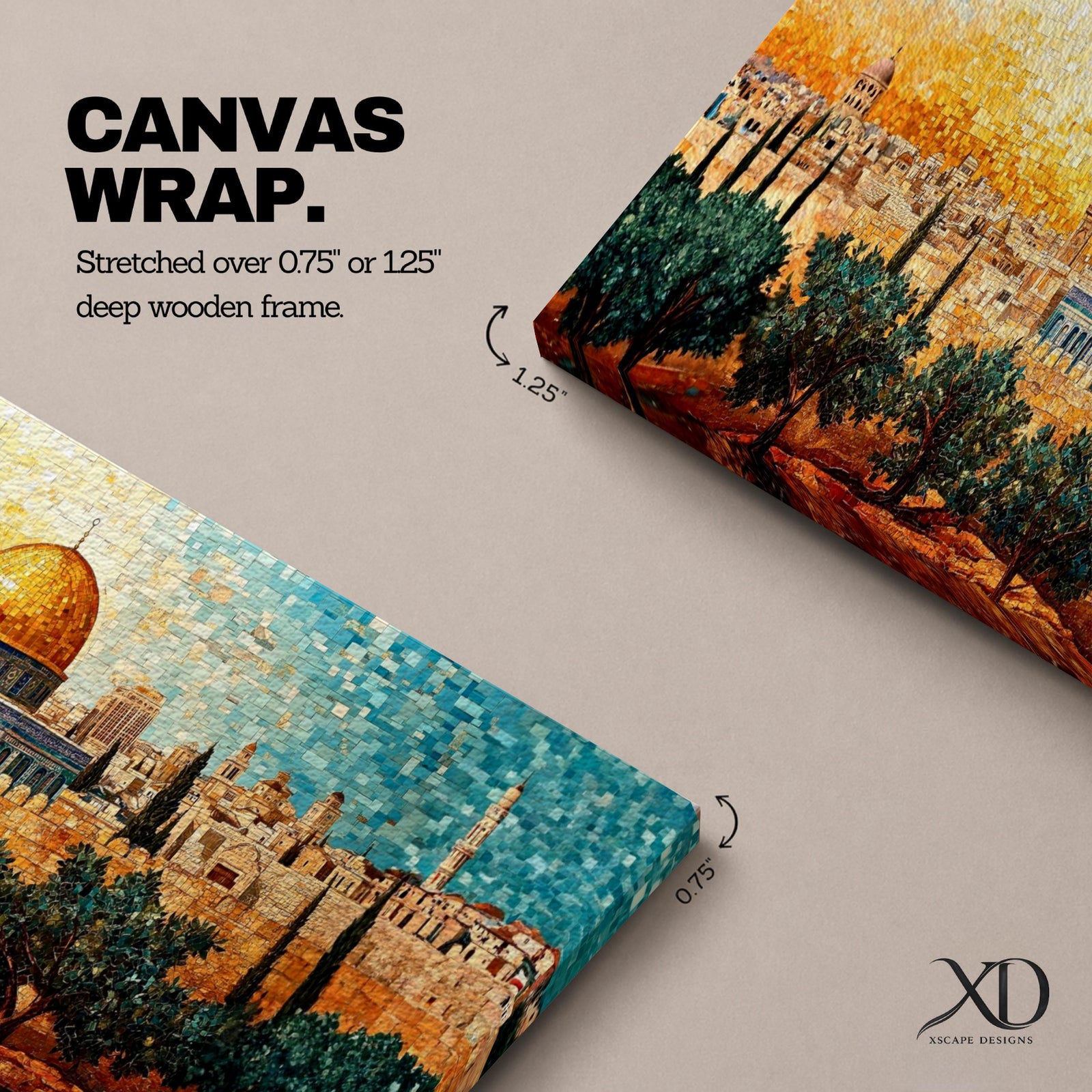 A panoramic mosaic style artwork of the Dome of the Rock with its golden dome rising above the Jerusalem skyline, constructed from small colorful tile-like shapes that form historic buildings, minarets, and olive trees in the foreground while warm golden and blue tones blend across the sky.