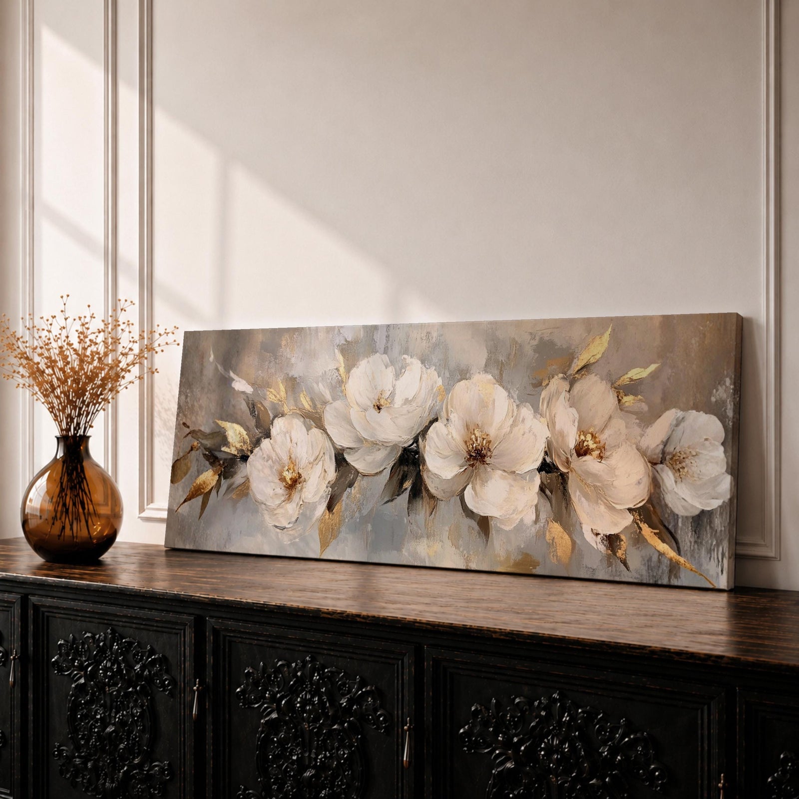 A panoramic textured painting of large white magnolia flowers arranged across a soft neutral background with layered petals and gold accented leaves, rendered with thick painterly brushstrokes that create depth and texture while the blossoms stretch across the wide horizontal composition.
