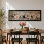A panoramic textured painting of large white magnolia flowers arranged across a soft neutral background with layered petals and gold accented leaves, rendered with thick painterly brushstrokes that create depth and texture while the blossoms stretch across the wide horizontal composition.