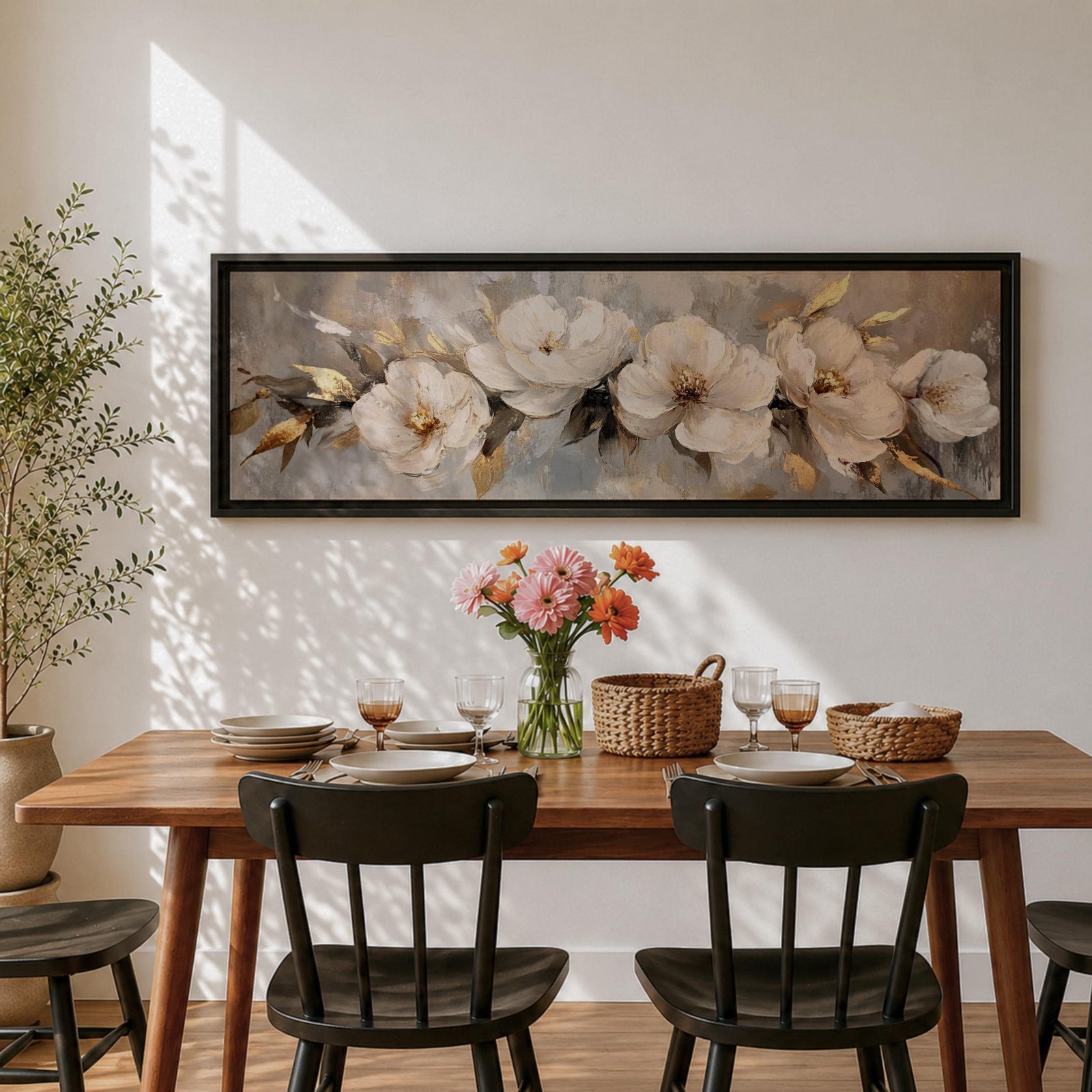A panoramic textured painting of large white magnolia flowers arranged across a soft neutral background with layered petals and gold accented leaves, rendered with thick painterly brushstrokes that create depth and texture while the blossoms stretch across the wide horizontal composition.