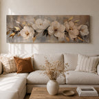 A panoramic textured painting of large white magnolia flowers arranged across a soft neutral background with layered petals and gold accented leaves, rendered with thick painterly brushstrokes that create depth and texture while the blossoms stretch across the wide horizontal composition.
