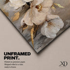 A panoramic textured painting of large white magnolia flowers arranged across a soft neutral background with layered petals and gold accented leaves, rendered with thick painterly brushstrokes that create depth and texture while the blossoms stretch across the wide horizontal composition.