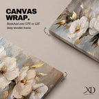 A panoramic textured painting of large white magnolia flowers arranged across a soft neutral background with layered petals and gold accented leaves, rendered with thick painterly brushstrokes that create depth and texture while the blossoms stretch across the wide horizontal composition.