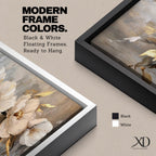 A panoramic textured painting of large white magnolia flowers arranged across a soft neutral background with layered petals and gold accented leaves, rendered with thick painterly brushstrokes that create depth and texture while the blossoms stretch across the wide horizontal composition.