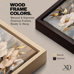 A panoramic textured painting of large white magnolia flowers arranged across a soft neutral background with layered petals and gold accented leaves, rendered with thick painterly brushstrokes that create depth and texture while the blossoms stretch across the wide horizontal composition.