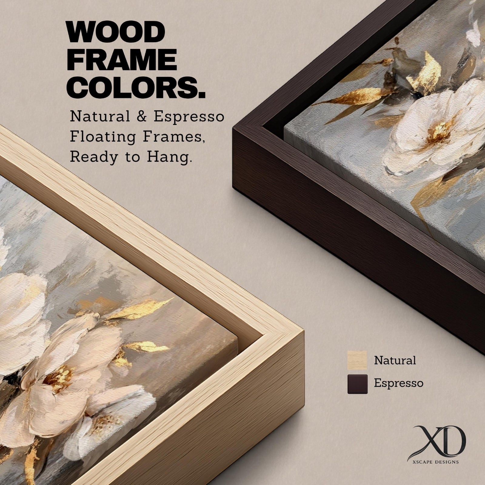 A panoramic textured painting of large white magnolia flowers arranged across a soft neutral background with layered petals and gold accented leaves, rendered with thick painterly brushstrokes that create depth and texture while the blossoms stretch across the wide horizontal composition.