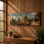 A panoramic painting of the Dome of the Rock with its golden dome rising above a landscaped garden and pathway, surrounded by cypress trees and flowers, with elegant Arabic calligraphy flowing across the sky while the Jerusalem skyline appears softly in the background.