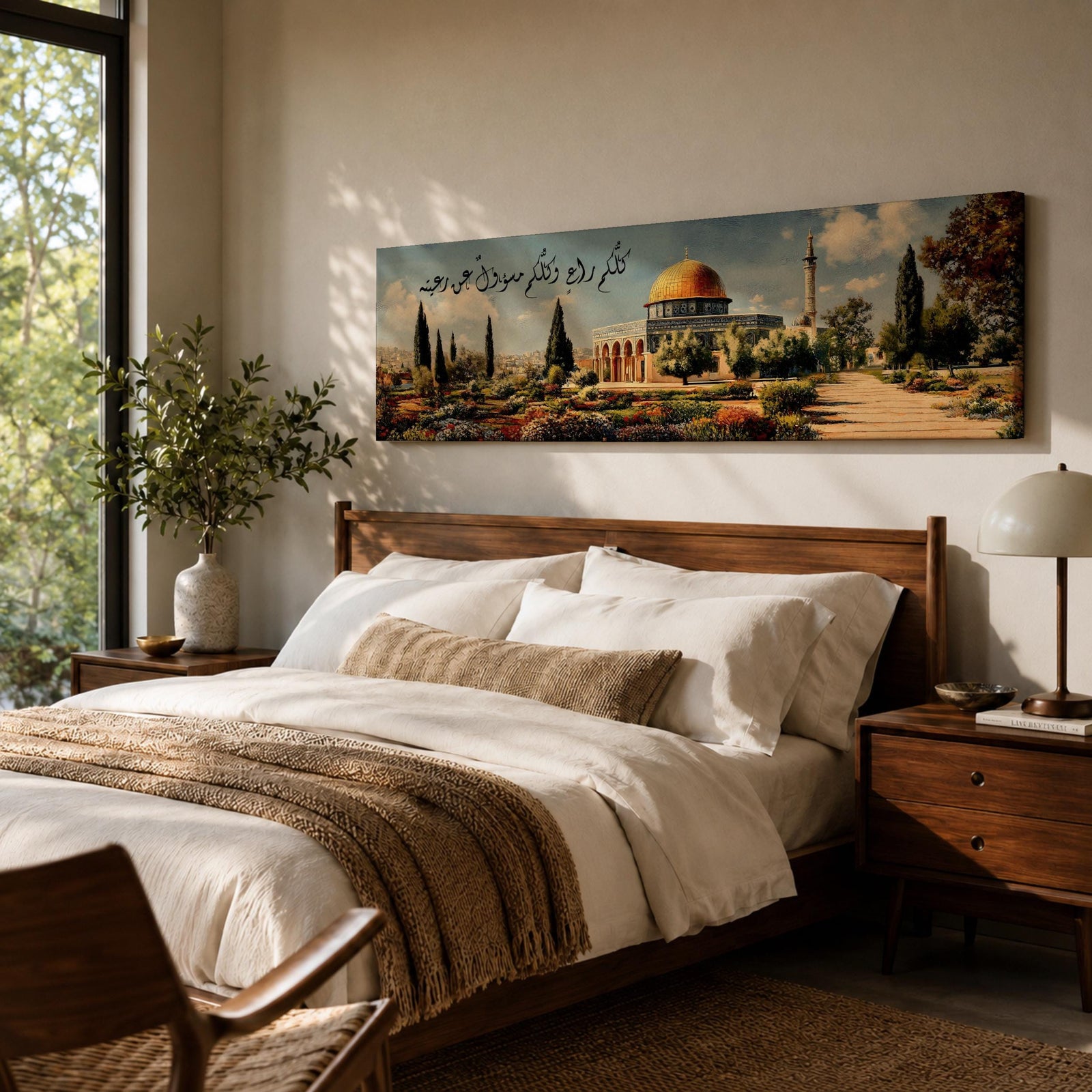 A panoramic painting of the Dome of the Rock with its golden dome rising above a landscaped garden and pathway, surrounded by cypress trees and flowers, with elegant Arabic calligraphy flowing across the sky while the Jerusalem skyline appears softly in the background.