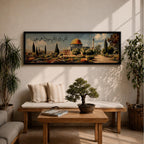A panoramic painting of the Dome of the Rock with its golden dome rising above a landscaped garden and pathway, surrounded by cypress trees and flowers, with elegant Arabic calligraphy flowing across the sky while the Jerusalem skyline appears softly in the background.