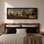 A panoramic painting of the Dome of the Rock with its golden dome rising above a landscaped garden and pathway, surrounded by cypress trees and flowers, with elegant Arabic calligraphy flowing across the sky while the Jerusalem skyline appears softly in the background.