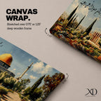 A panoramic painting of the Dome of the Rock with its golden dome rising above a landscaped garden and pathway, surrounded by cypress trees and flowers, with elegant Arabic calligraphy flowing across the sky while the Jerusalem skyline appears softly in the background.