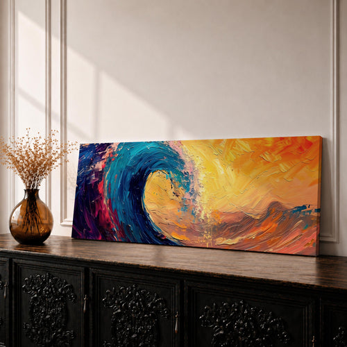 A panoramic abstract painting of a powerful ocean wave curling across the composition with thick expressive brushstrokes in deep blue, teal, orange, and gold tones, blending dramatic sunset colors with textured motion as the wave rises against a vibrant glowing sky.