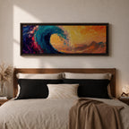 A panoramic abstract painting of a powerful ocean wave curling across the composition with thick expressive brushstrokes in deep blue, teal, orange, and gold tones, blending dramatic sunset colors with textured motion as the wave rises against a vibrant glowing sky.