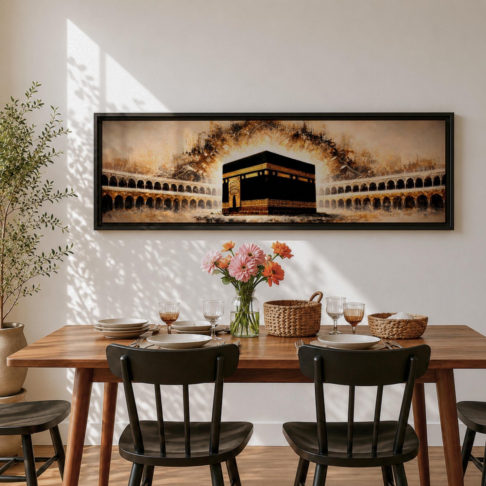 A panoramic painting of the Kaaba at the center of Masjid Al Haram surrounded by arched colonnades and glowing golden light radiating behind the sacred structure, with warm sepia tones and textured brushstrokes creating a dramatic illuminated atmosphere across the wide composition.
