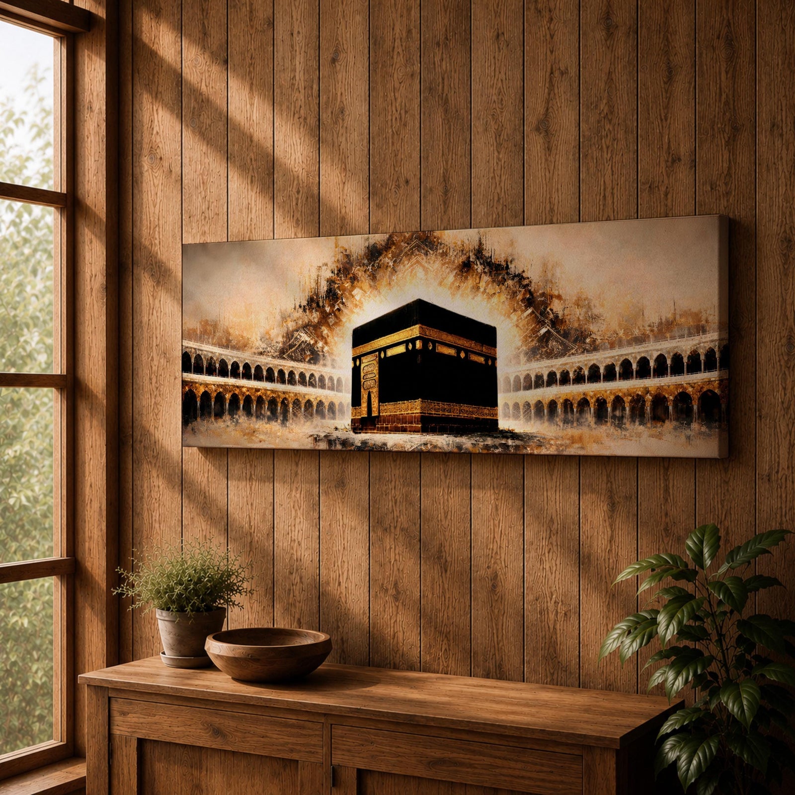 A panoramic painting of the Kaaba at the center of Masjid Al Haram surrounded by arched colonnades and glowing golden light radiating behind the sacred structure, with warm sepia tones and textured brushstrokes creating a dramatic illuminated atmosphere across the wide composition.