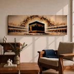 A panoramic painting of the Kaaba at the center of Masjid Al Haram surrounded by arched colonnades and glowing golden light radiating behind the sacred structure, with warm sepia tones and textured brushstrokes creating a dramatic illuminated atmosphere across the wide composition.