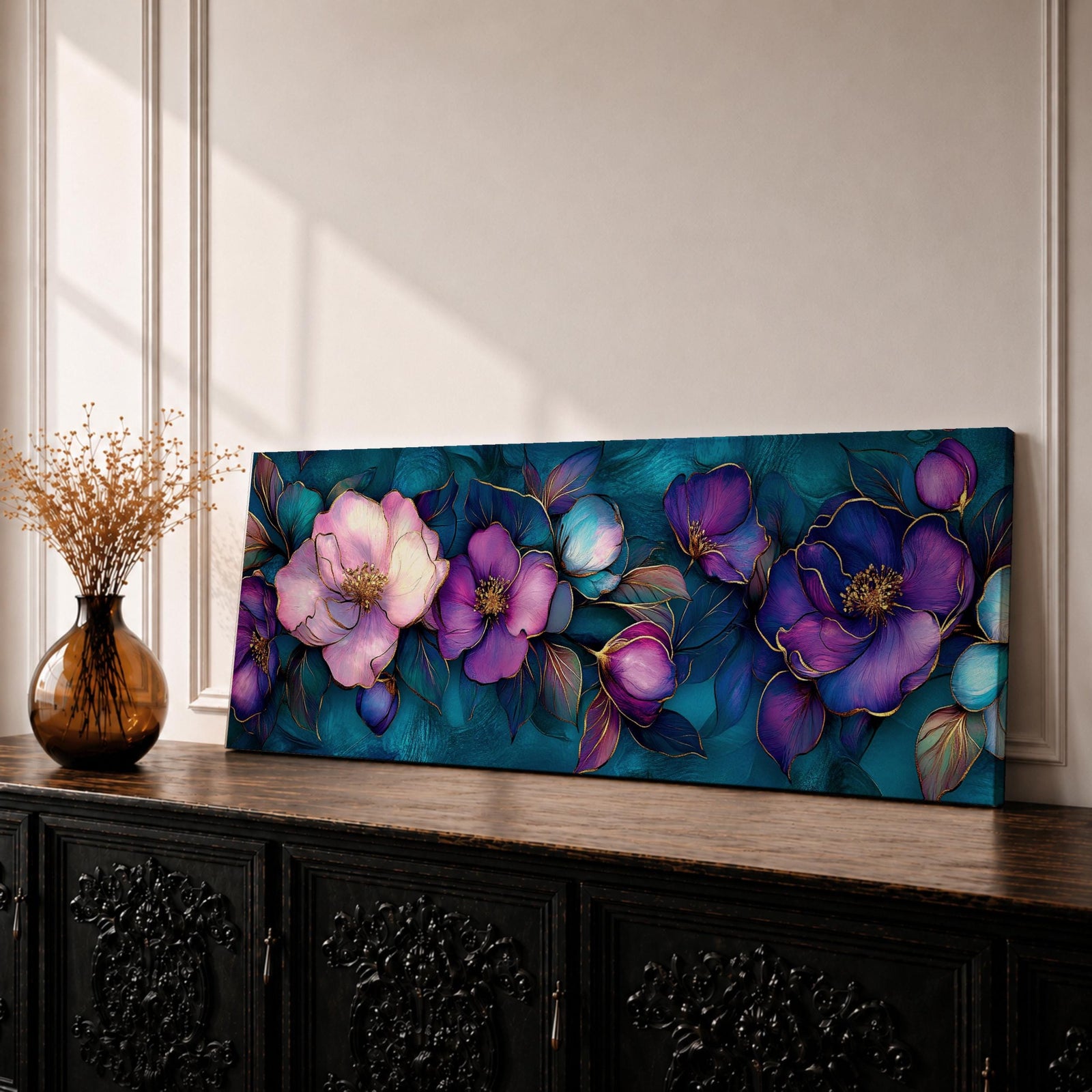 A panoramic decorative painting of camellia flowers in shades of purple and lavender with soft pink highlights, surrounded by teal leaves and outlined with fine gold accents, arranged across a deep blue green background in a flowing botanical composition that stretches horizontally across the artwork.