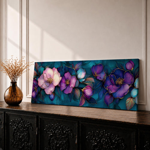A panoramic decorative painting of camellia flowers in shades of purple and lavender with soft pink highlights, surrounded by teal leaves and outlined with fine gold accents, arranged across a deep blue green background in a flowing botanical composition that stretches horizontally across the artwork.