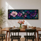 A panoramic decorative painting of camellia flowers in shades of purple and lavender with soft pink highlights, surrounded by teal leaves and outlined with fine gold accents, arranged across a deep blue green background in a flowing botanical composition that stretches horizontally across the artwork.