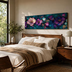 A panoramic decorative painting of camellia flowers in shades of purple and lavender with soft pink highlights, surrounded by teal leaves and outlined with fine gold accents, arranged across a deep blue green background in a flowing botanical composition that stretches horizontally across the artwork.