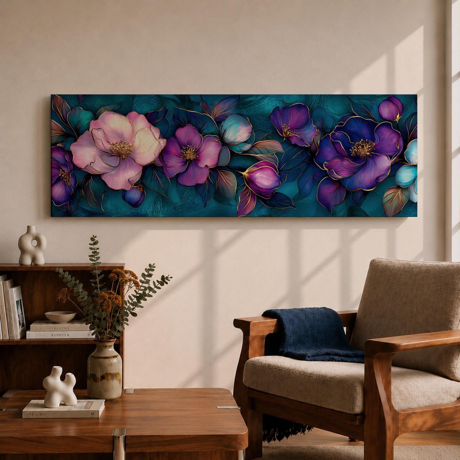 A panoramic decorative painting of camellia flowers in shades of purple and lavender with soft pink highlights, surrounded by teal leaves and outlined with fine gold accents, arranged across a deep blue green background in a flowing botanical composition that stretches horizontally across the artwork.