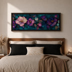 A panoramic decorative painting of camellia flowers in shades of purple and lavender with soft pink highlights, surrounded by teal leaves and outlined with fine gold accents, arranged across a deep blue green background in a flowing botanical composition that stretches horizontally across the artwork.