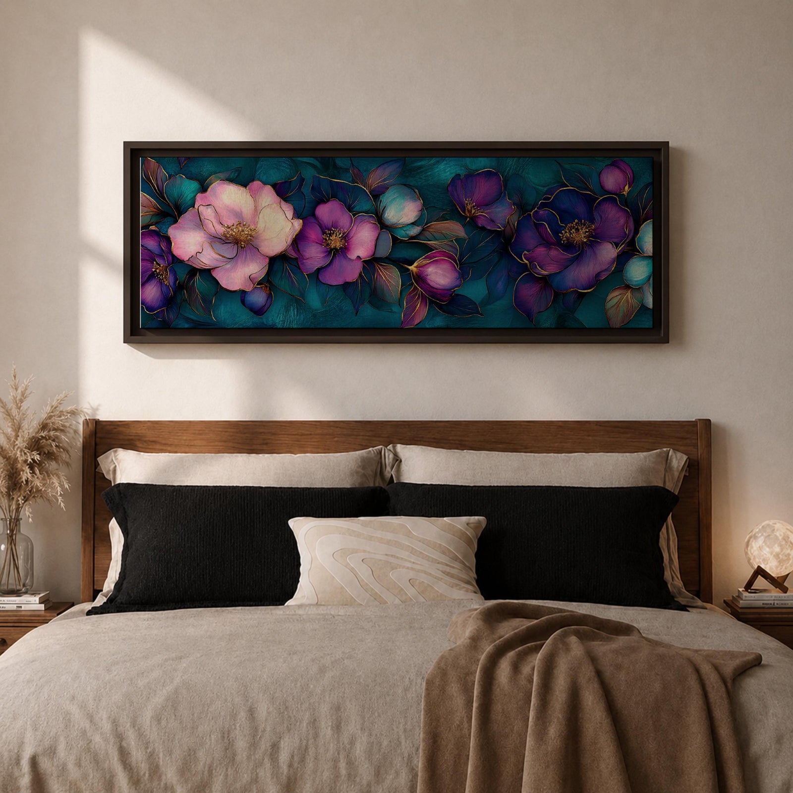 A panoramic decorative painting of camellia flowers in shades of purple and lavender with soft pink highlights, surrounded by teal leaves and outlined with fine gold accents, arranged across a deep blue green background in a flowing botanical composition that stretches horizontally across the artwork.