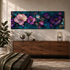 A panoramic decorative painting of camellia flowers in shades of purple and lavender with soft pink highlights, surrounded by teal leaves and outlined with fine gold accents, arranged across a deep blue green background in a flowing botanical composition that stretches horizontally across the artwork.