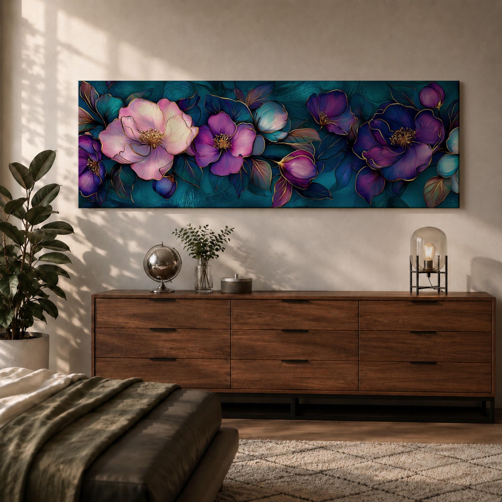 A panoramic decorative painting of camellia flowers in shades of purple and lavender with soft pink highlights, surrounded by teal leaves and outlined with fine gold accents, arranged across a deep blue green background in a flowing botanical composition that stretches horizontally across the artwork.
