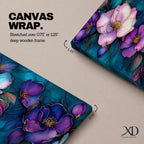 A panoramic decorative painting of camellia flowers in shades of purple and lavender with soft pink highlights, surrounded by teal leaves and outlined with fine gold accents, arranged across a deep blue green background in a flowing botanical composition that stretches horizontally across the artwork.