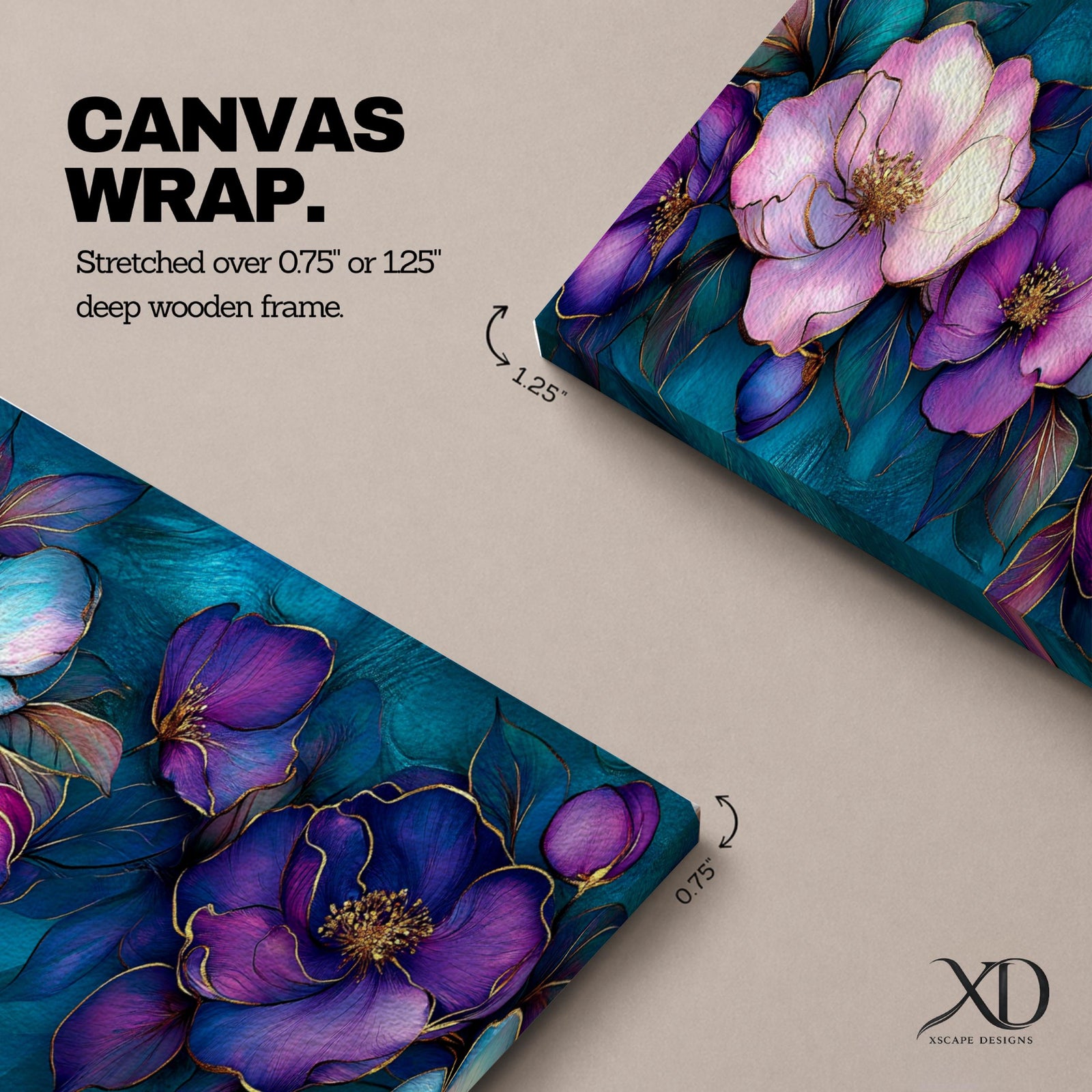 A panoramic decorative painting of camellia flowers in shades of purple and lavender with soft pink highlights, surrounded by teal leaves and outlined with fine gold accents, arranged across a deep blue green background in a flowing botanical composition that stretches horizontally across the artwork.
