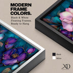 A panoramic decorative painting of camellia flowers in shades of purple and lavender with soft pink highlights, surrounded by teal leaves and outlined with fine gold accents, arranged across a deep blue green background in a flowing botanical composition that stretches horizontally across the artwork.