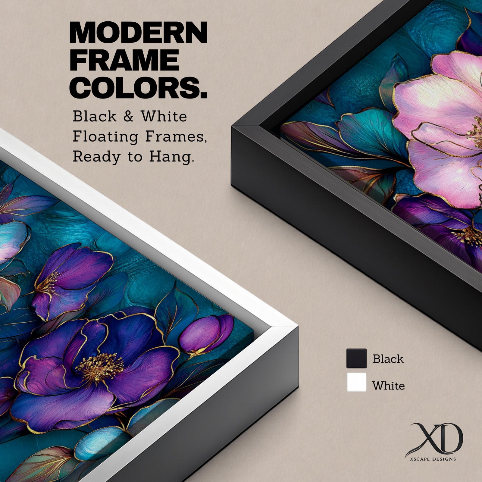 A panoramic decorative painting of camellia flowers in shades of purple and lavender with soft pink highlights, surrounded by teal leaves and outlined with fine gold accents, arranged across a deep blue green background in a flowing botanical composition that stretches horizontally across the artwork.