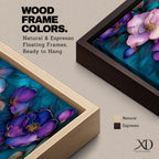 A panoramic decorative painting of camellia flowers in shades of purple and lavender with soft pink highlights, surrounded by teal leaves and outlined with fine gold accents, arranged across a deep blue green background in a flowing botanical composition that stretches horizontally across the artwork.