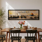 A panoramic painting of the Dome of the Rock with its golden dome rising above the Jerusalem skyline surrounded by trees and historic architecture, with flowing Arabic calligraphy across the sky and warm golden light illuminating the landscape in a wide horizontal composition.