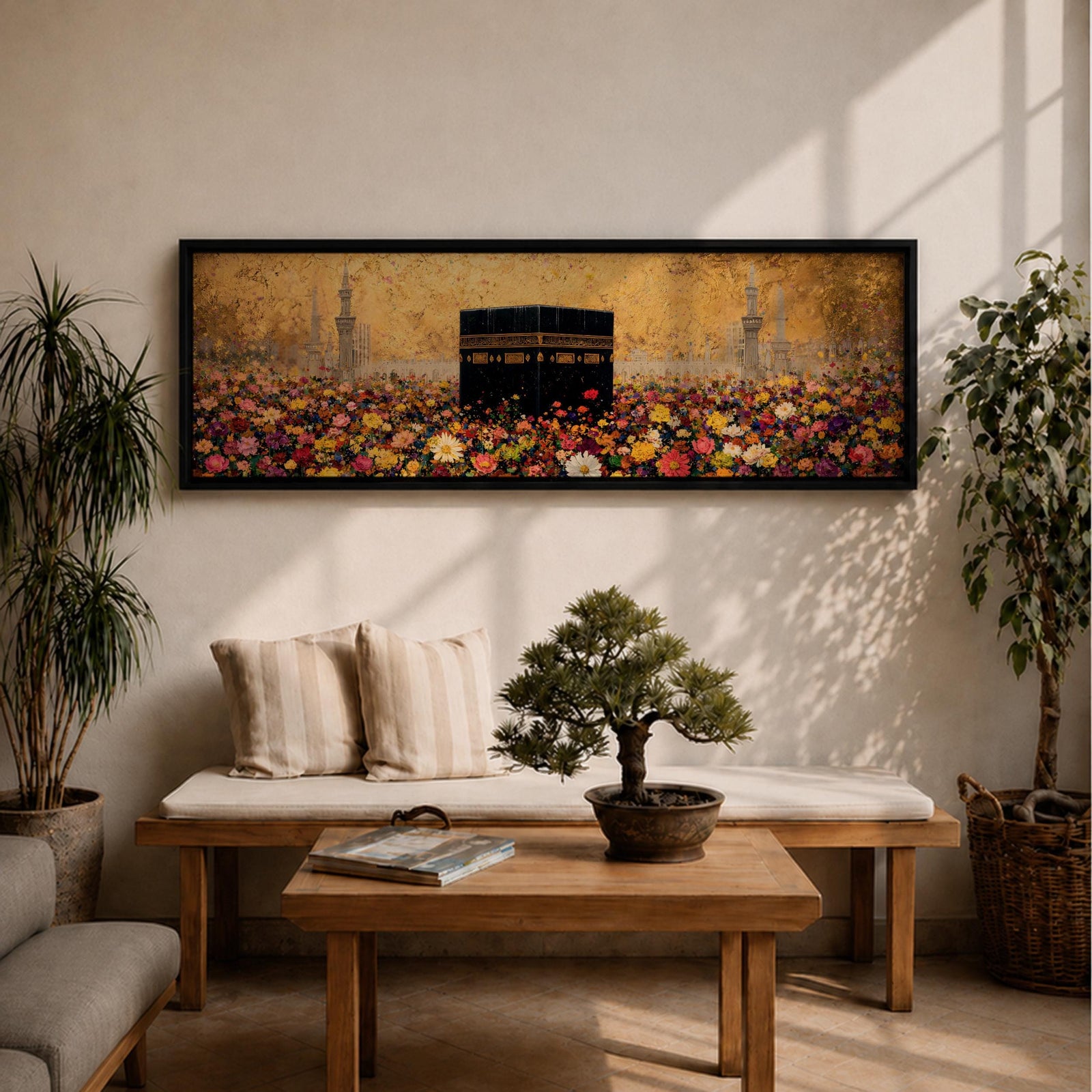 A panoramic painting of the Kaaba standing at the center of a vibrant field of colorful flowers with red, pink, yellow, and white blossoms stretching across the foreground, set against a glowing gold textured background with faint mosque silhouettes and minarets surrounding the sacred structure.