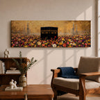 A panoramic painting of the Kaaba standing at the center of a vibrant field of colorful flowers with red, pink, yellow, and white blossoms stretching across the foreground, set against a glowing gold textured background with faint mosque silhouettes and minarets surrounding the sacred structure.
