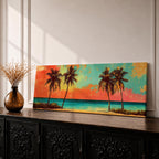 A panoramic tropical beach painting showing tall palm trees silhouetted against a vivid sunset sky with warm red, orange, and turquoise tones, overlooking a calm ocean horizon and sandy shoreline, creating a vibrant coastal landscape stretching across the wide horizontal composition.