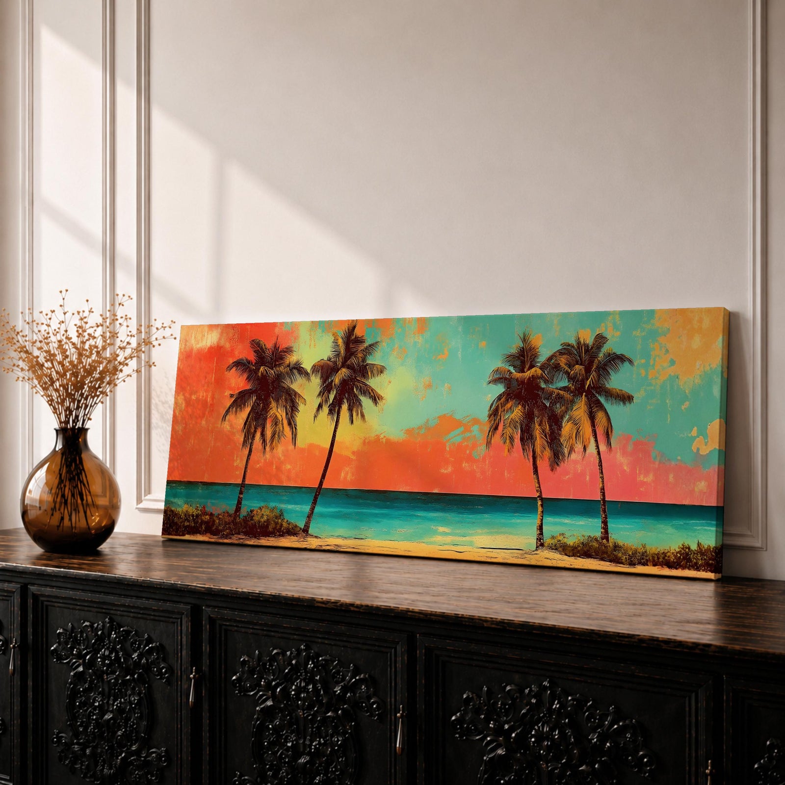 A panoramic tropical beach painting showing tall palm trees silhouetted against a vivid sunset sky with warm red, orange, and turquoise tones, overlooking a calm ocean horizon and sandy shoreline, creating a vibrant coastal landscape stretching across the wide horizontal composition.