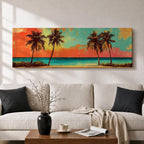 A panoramic tropical beach painting showing tall palm trees silhouetted against a vivid sunset sky with warm red, orange, and turquoise tones, overlooking a calm ocean horizon and sandy shoreline, creating a vibrant coastal landscape stretching across the wide horizontal composition.