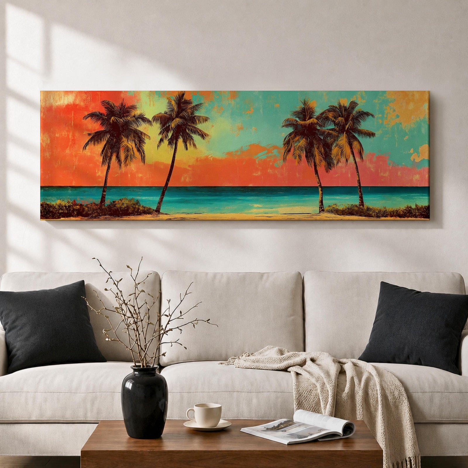 A panoramic tropical beach painting showing tall palm trees silhouetted against a vivid sunset sky with warm red, orange, and turquoise tones, overlooking a calm ocean horizon and sandy shoreline, creating a vibrant coastal landscape stretching across the wide horizontal composition.