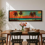 A panoramic tropical beach painting showing tall palm trees silhouetted against a vivid sunset sky with warm red, orange, and turquoise tones, overlooking a calm ocean horizon and sandy shoreline, creating a vibrant coastal landscape stretching across the wide horizontal composition.