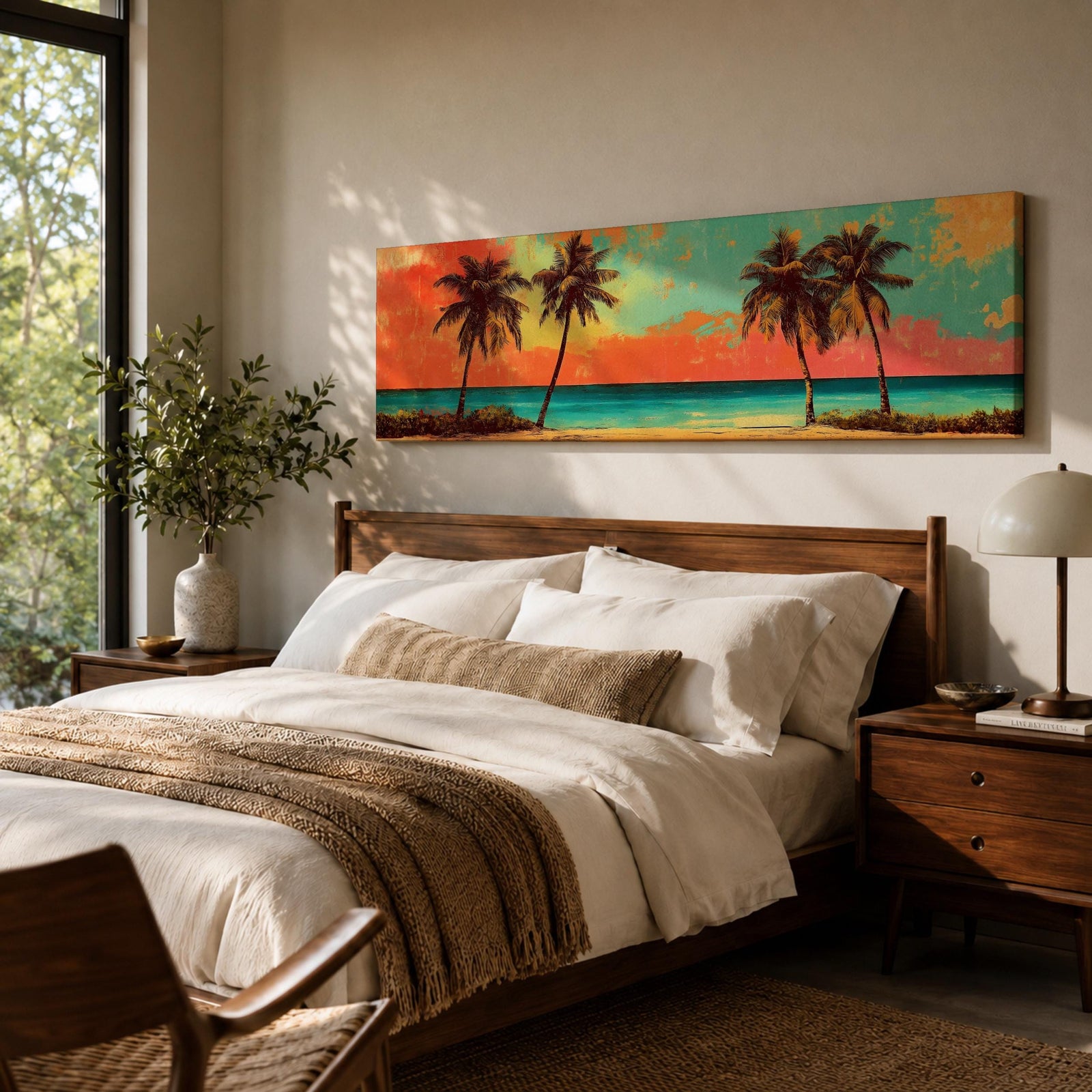 A panoramic tropical beach painting showing tall palm trees silhouetted against a vivid sunset sky with warm red, orange, and turquoise tones, overlooking a calm ocean horizon and sandy shoreline, creating a vibrant coastal landscape stretching across the wide horizontal composition.