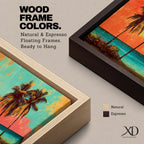 A panoramic tropical beach painting showing tall palm trees silhouetted against a vivid sunset sky with warm red, orange, and turquoise tones, overlooking a calm ocean horizon and sandy shoreline, creating a vibrant coastal landscape stretching across the wide horizontal composition.