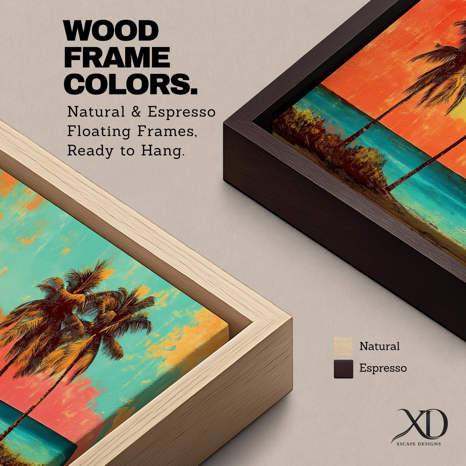 A panoramic tropical beach painting showing tall palm trees silhouetted against a vivid sunset sky with warm red, orange, and turquoise tones, overlooking a calm ocean horizon and sandy shoreline, creating a vibrant coastal landscape stretching across the wide horizontal composition.